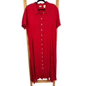 Vintage Norm Thompson MADE USA Red Linen Short Sleeve Tie Back Maxi Dress Large